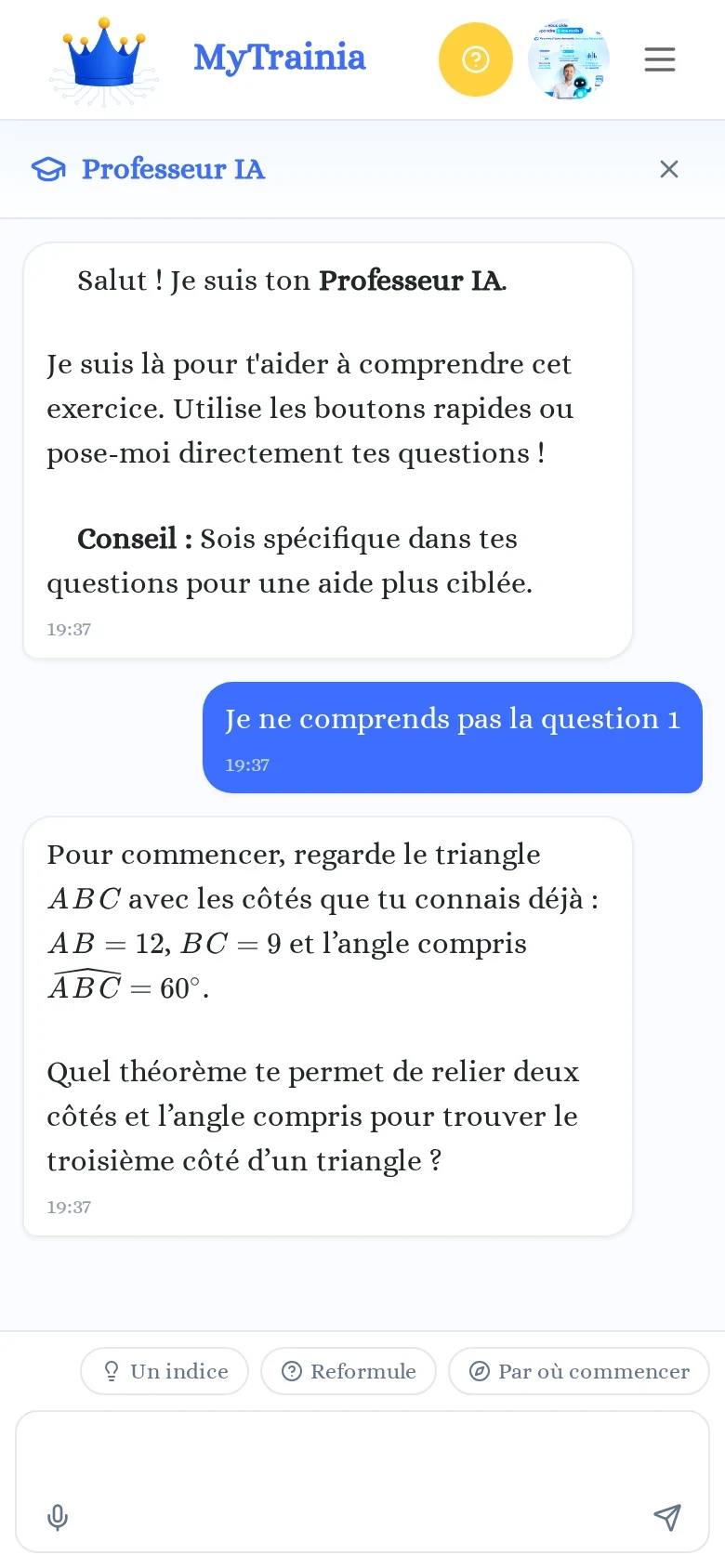 Professeur IA MyTrainia sur téléphone : réponse guidée pas à pas sans donner la solution