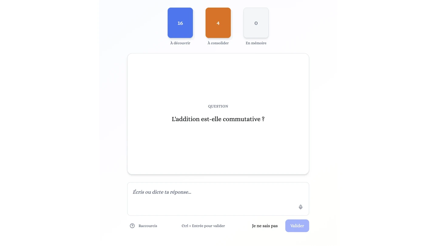 Session de flashcards MyTrainia sur ordinateur : question de cours et champ de réponse, avec compteurs à découvrir, à consolider et en mémoire