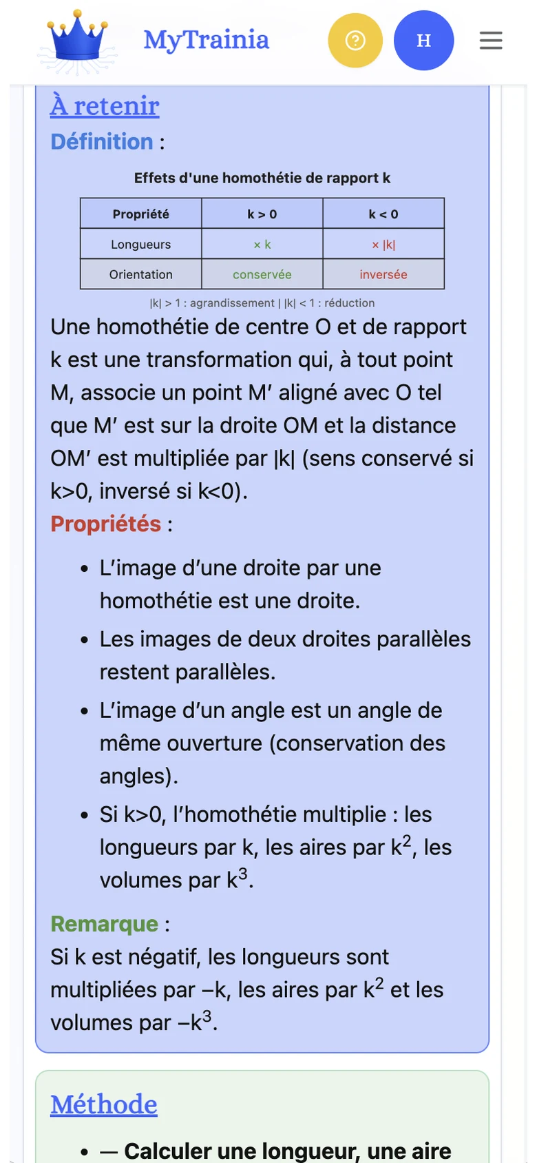 Fiche de cours MyTrainia sur téléphone : homothétie avec tableau des propriétés et définitions