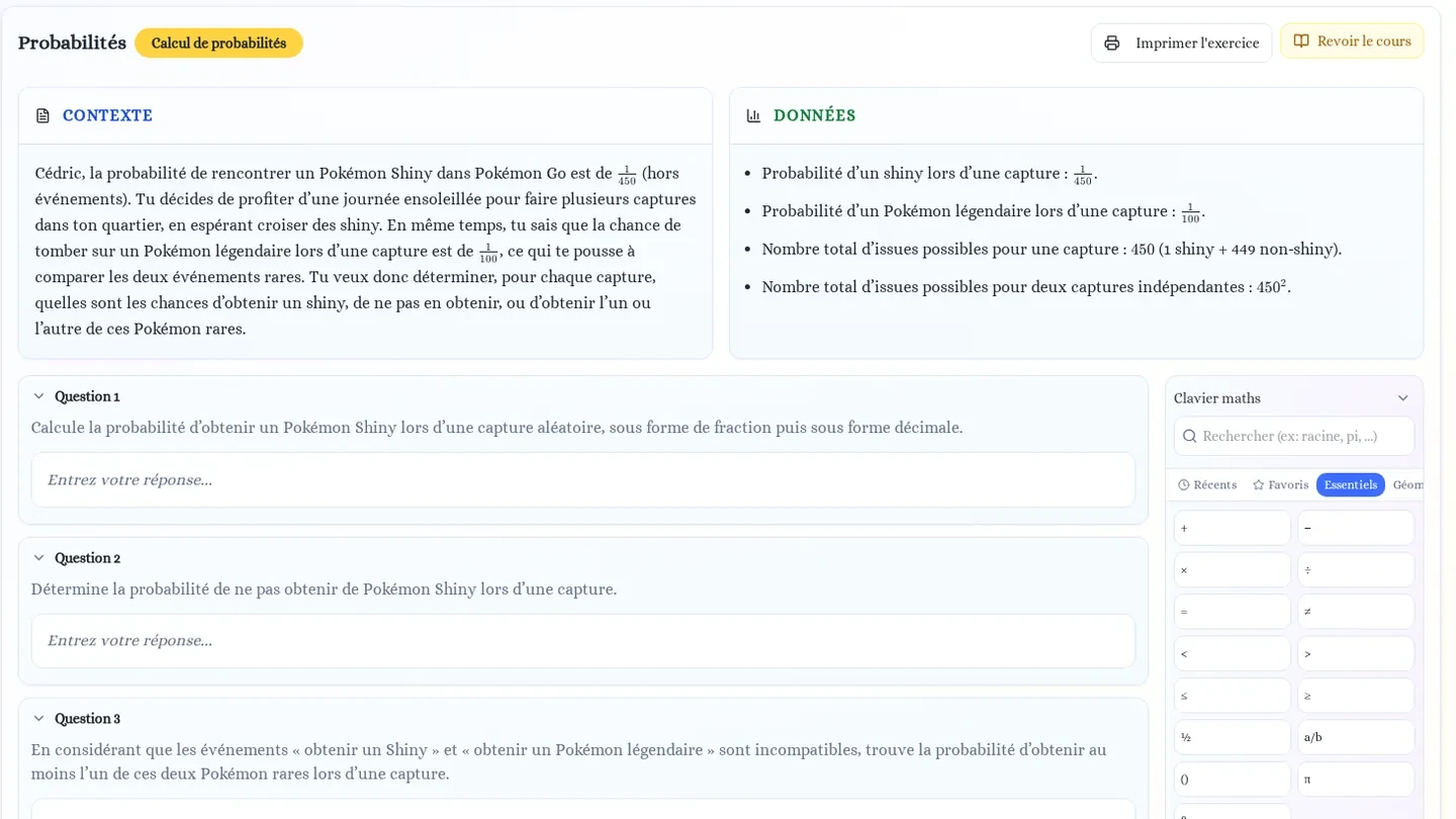 Exercice de mathématiques MyTrainia personnalisé sur le thème Pokémon, affiché sur ordinateur