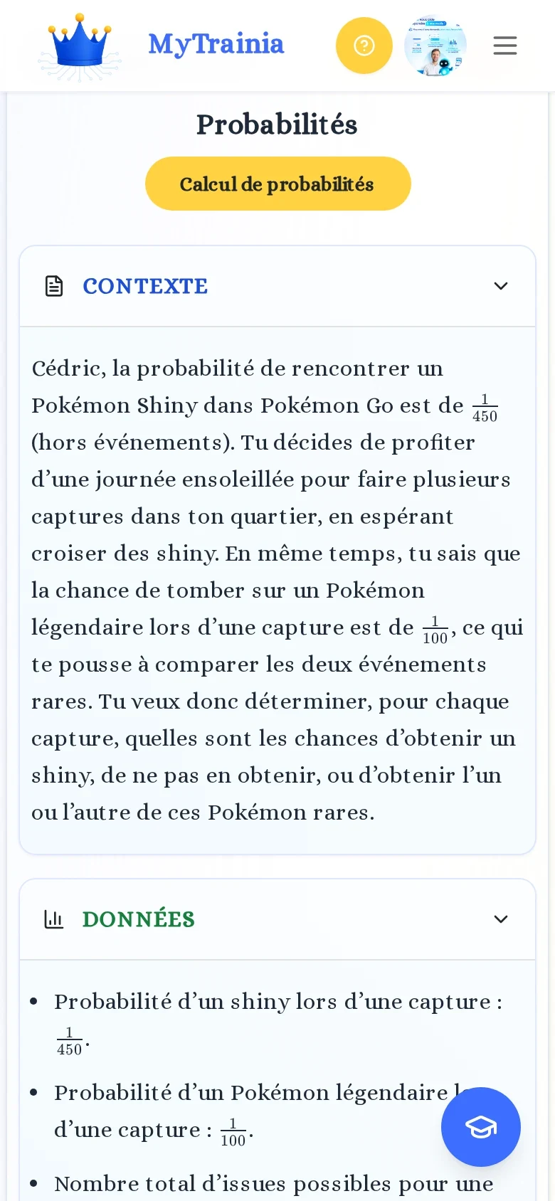 Exercice personnalisé MyTrainia sur téléphone : probabilités sur le thème Pokémon