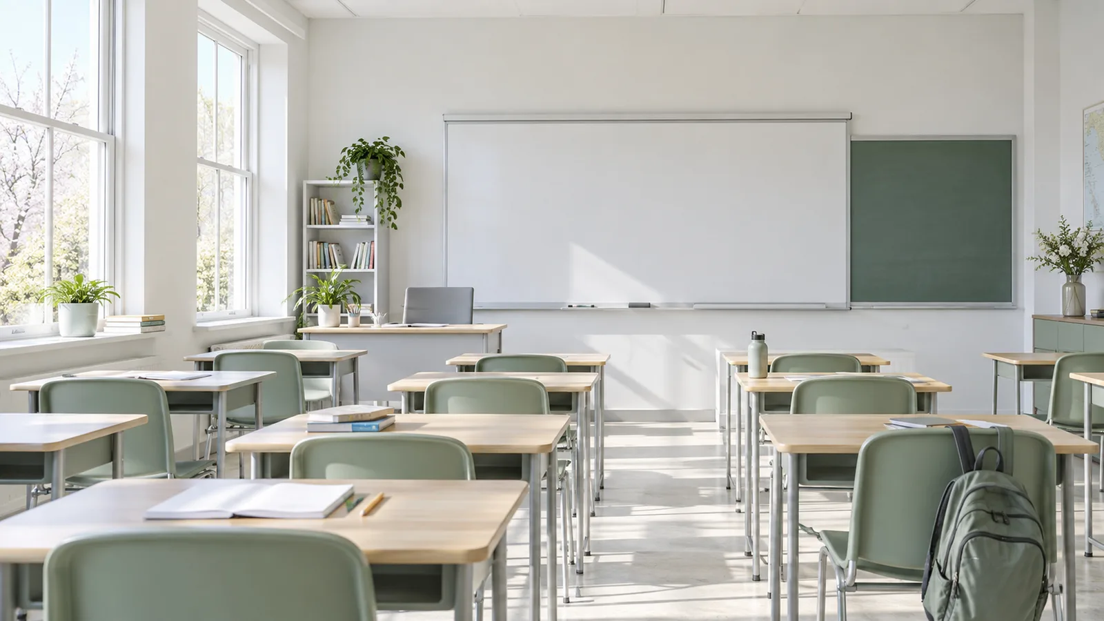 Salle de cours déserte aux grandes fenêtres, rangées de tables nues éclairées par la lumière du matin
