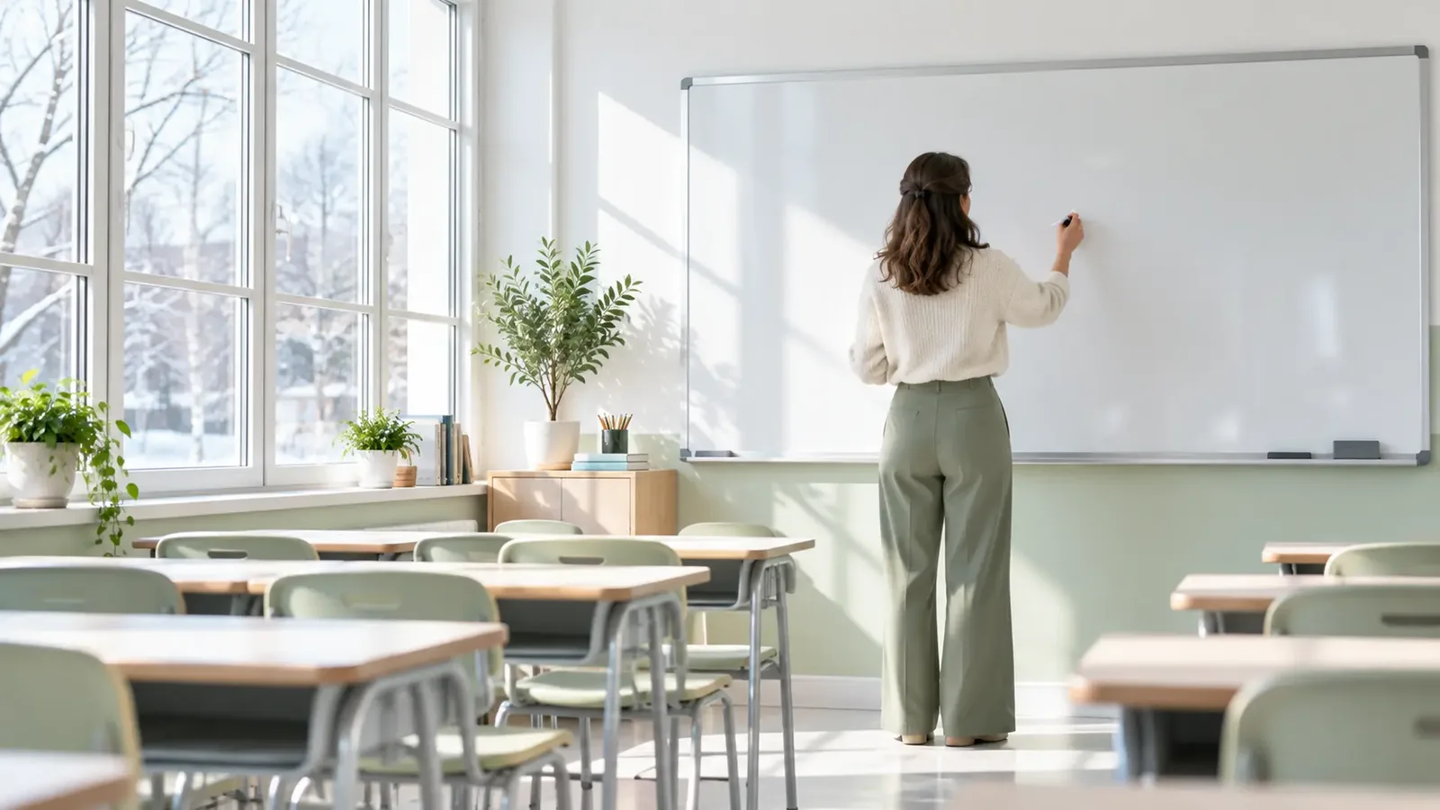 Une personne de dos écrit au feutre sur un grand tableau blanc, dans une salle de classe lumineuse aux tables vertes