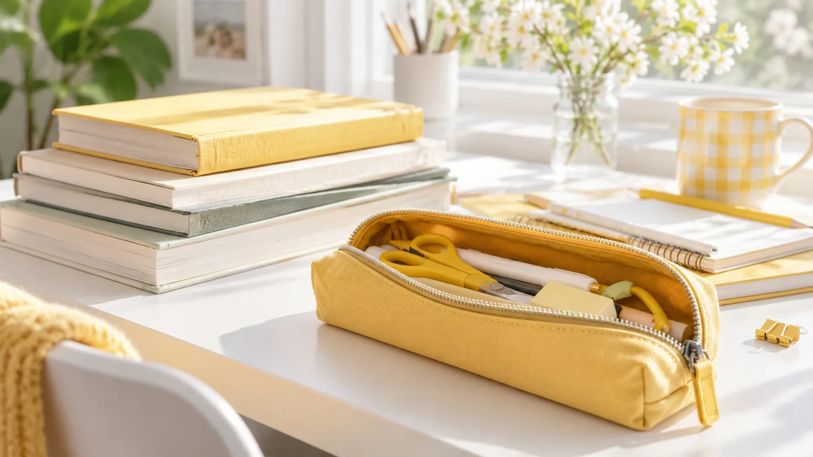 Pile de manuels de collège et trousse ouverte posées sur un bureau blanc très éclairé