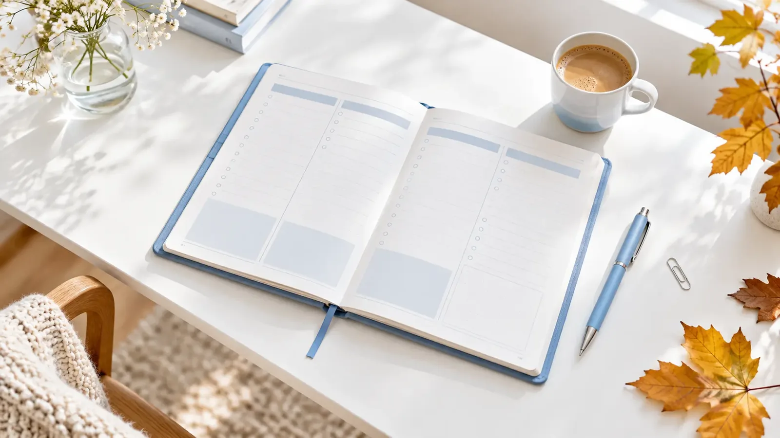 Sur un bureau blanc, un agenda aux pages vierges, un stylo bleu, une tasse de café et des feuilles d'automne