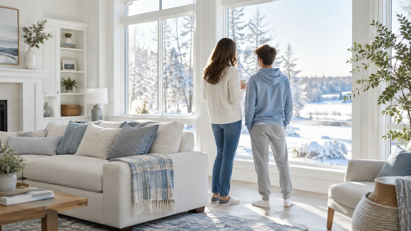 Un adolescent et sa mère de dos, debout devant une grande baie vitrée d'un salon clair donnant sur un jardin enneigé