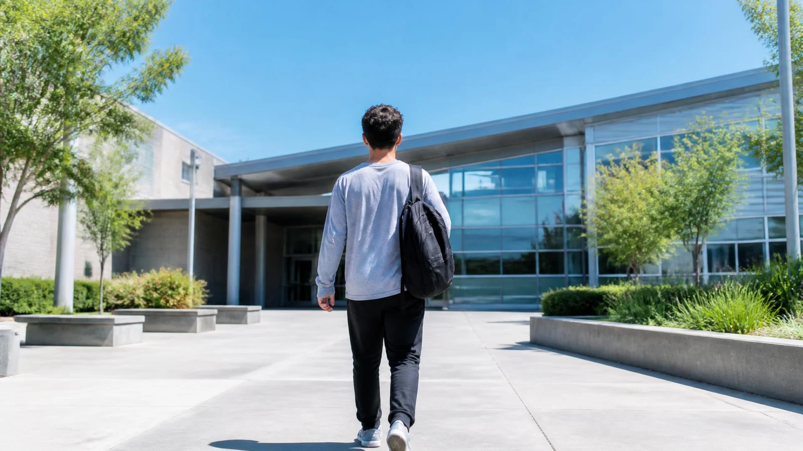 Un lycéen de dos devant son établissement, au moment des choix d'orientation