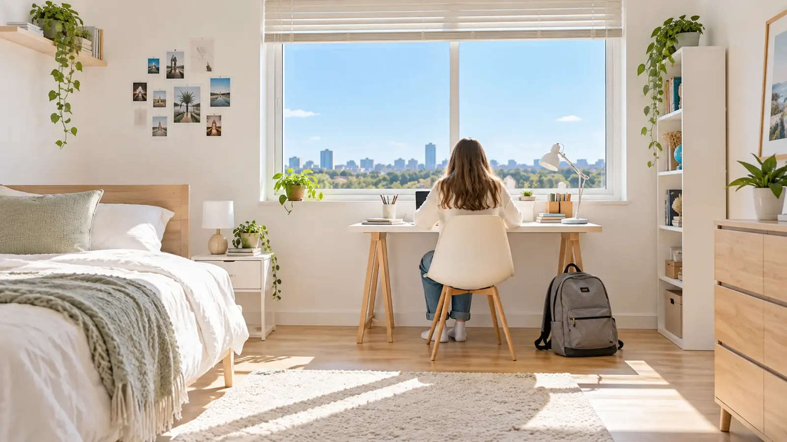 Une chambre claire où un élève assis de dos travaille à un bureau, face à une grande fenêtre et à un cartable posé au sol