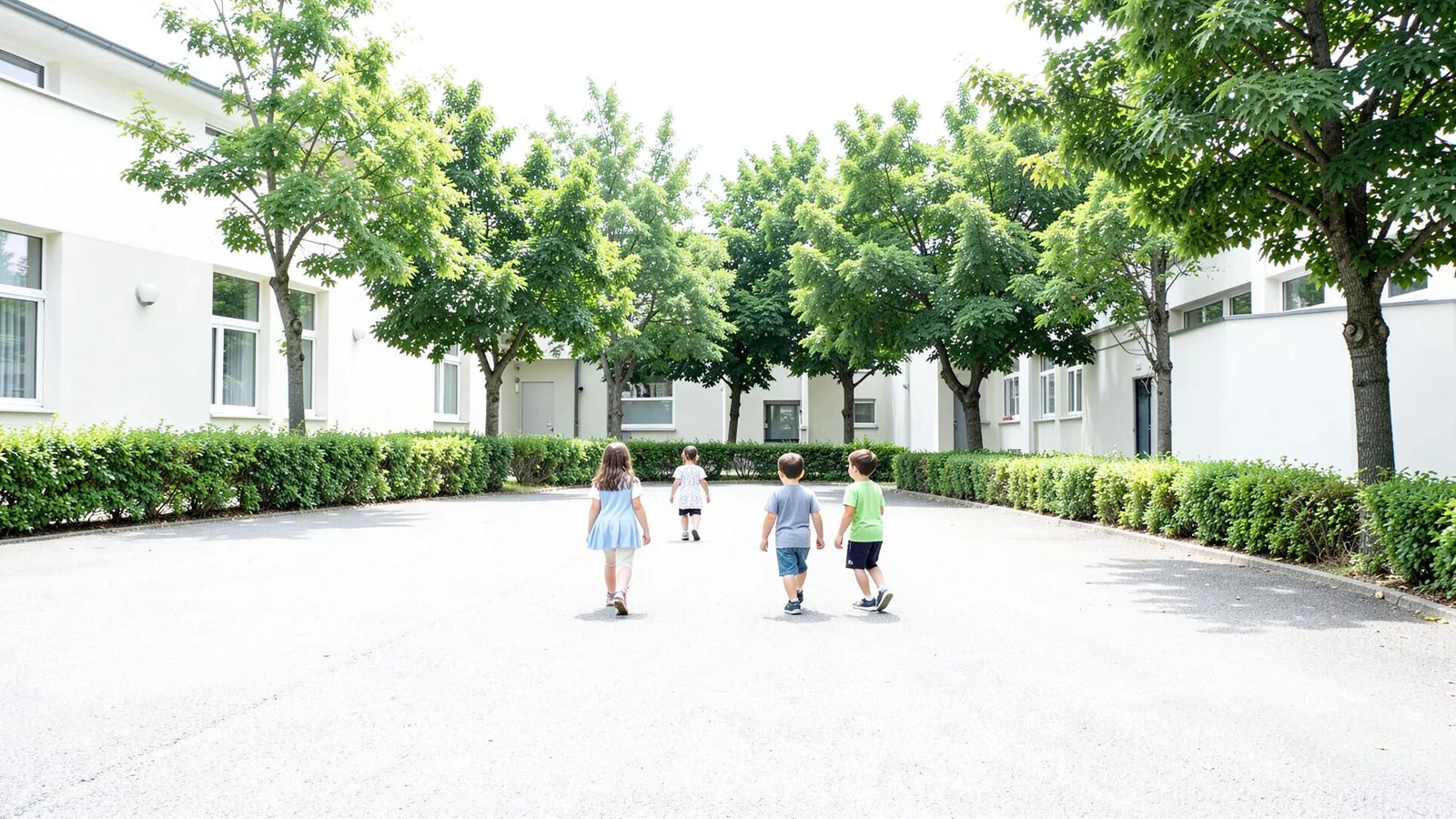 Des élèves de dos traversant une cour de récréation claire, un matin de rentrée