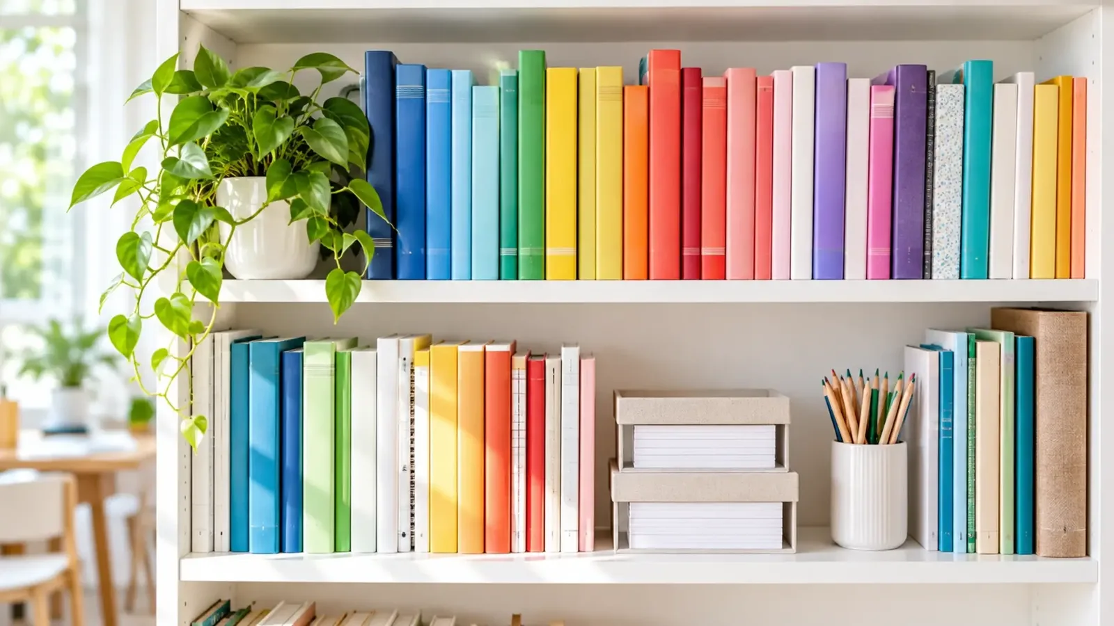 Une étagère claire garnie de manuels rangés par couleur, avec un pot de crayons et une plante verte posée à côté
