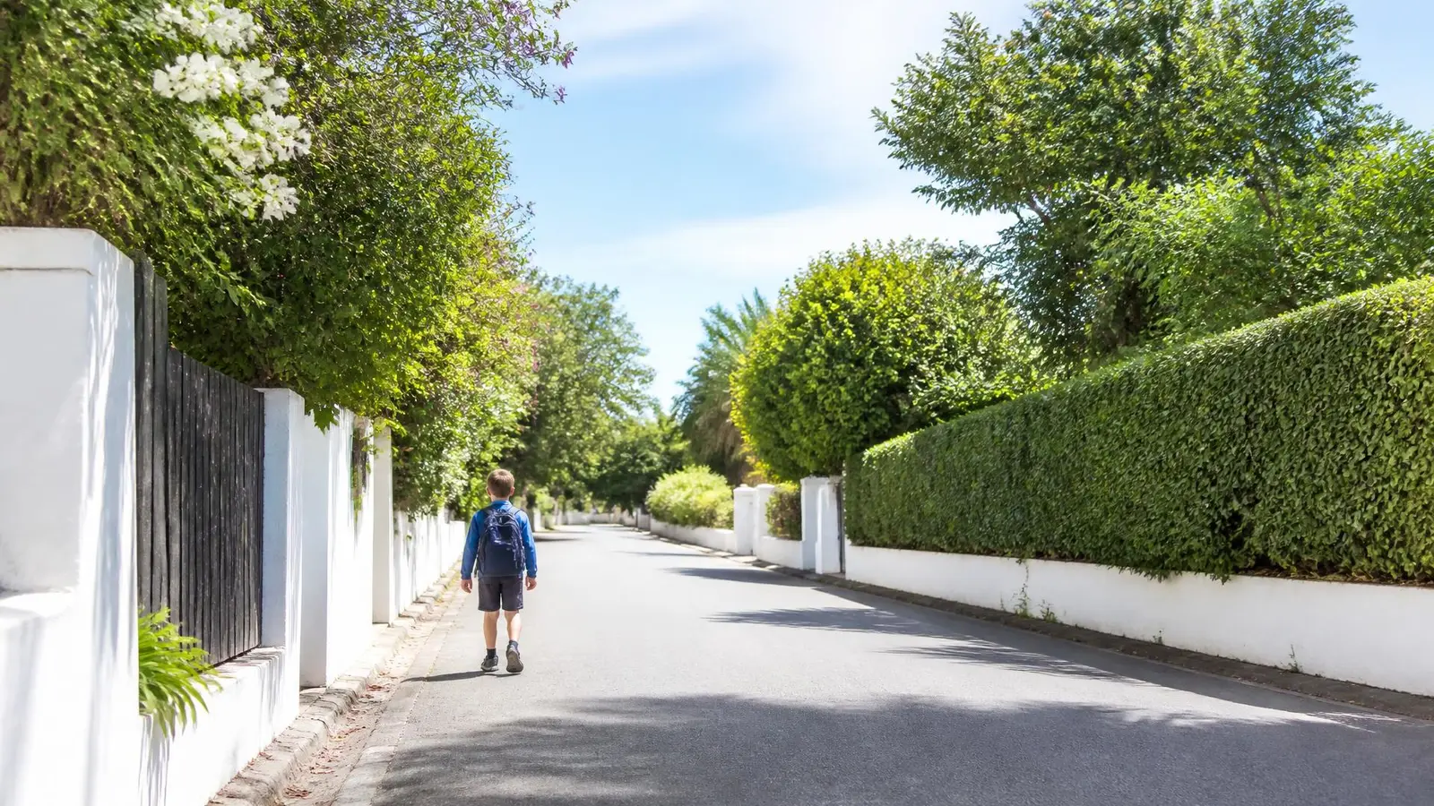 Un enfant marche de dos dans une rue résidentielle un matin de rentrée, cartable sur le dos