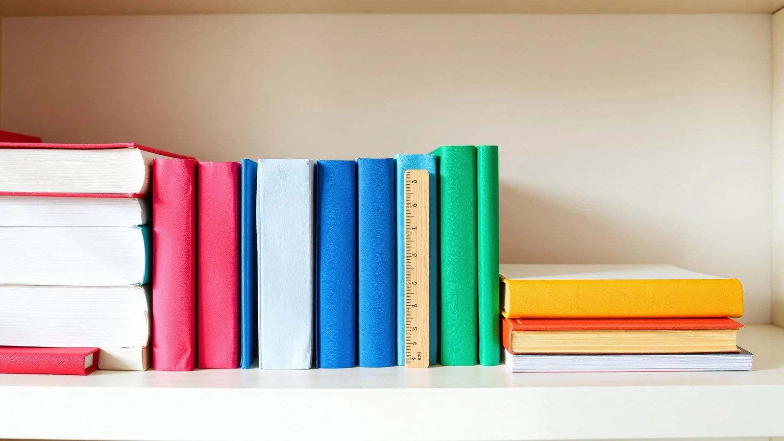 Étagère de manuels scolaires de collège rangés dans une pièce lumineuse
